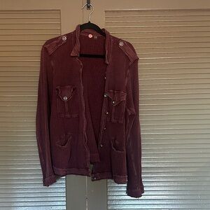 Free People Maroon Thermal Waffle Knit Jacket
